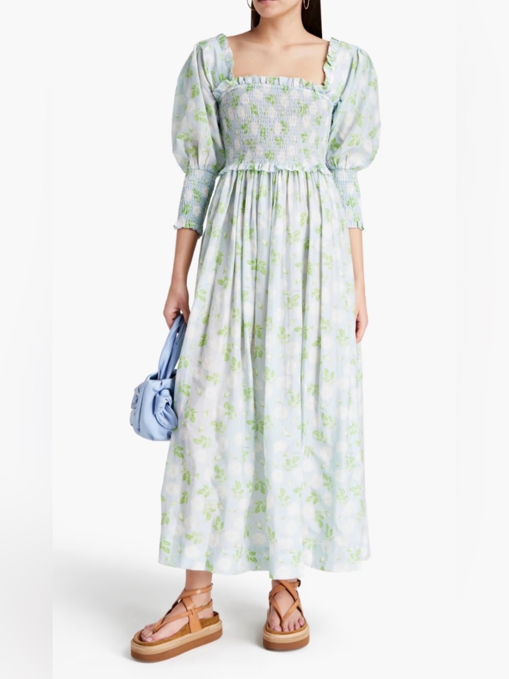 Ganni Size 14 (DK 44) Blue, White, & Green Long Sleeve Floral Smocked Maxi Dress